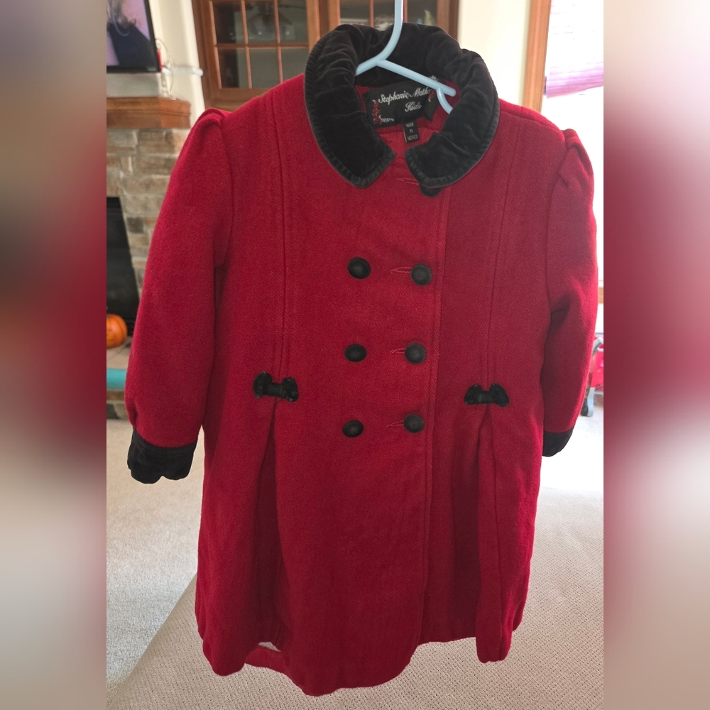 Stephanie Mathews Kids Red Wool Coat SIze 6 Black Trim Button Front Pea Coat